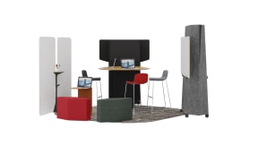 Steelcase Flex Collection, Steelcase media:scape, Steelcase Turnstone Campfire Personal Table, Orangebox Away from the Desk, Orangebox Cubb Stool