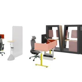Steelcase Migration SE Pro, Steelcase Sarto Screens, Steelcase Flex Stand Table, Steelcase Flex Whiteboard, Steelcase SOTO Personal Caddy