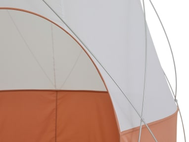 close up to an orange pod tent