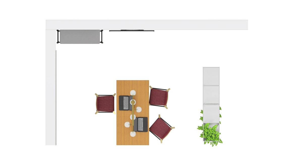 Bolia Lighting Orb Orb Pendant, Bolia Bench Float, Steelcase B-Free Steel Leg, Steelcase m.a.d Bloom Barstool, Steelcase m.a.d Urban Shelf