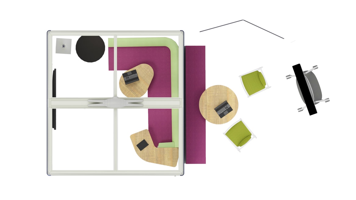 Steelcase Flex Collection, Steelcase Roam Cart, Bolia Coffee & Side Table Vitro Table Vitro, Orangebox Away from Desk, Orangebox Air3 Pod, Coalesse Montara650 Seating Stool