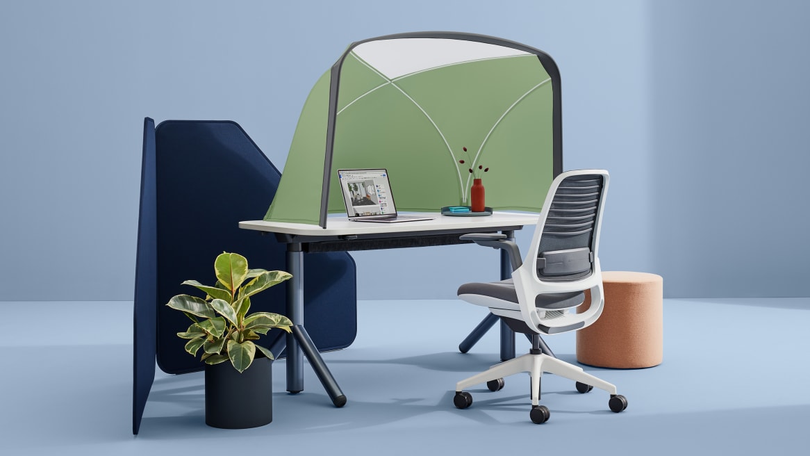 height adjustable desk with a Table Tent on it