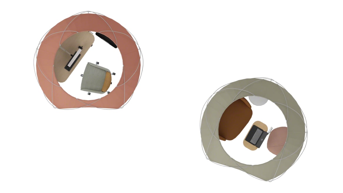 Steelcase Pod Tent, Steelcase Flex Height-Adjustable Desk, Steelcase Mobile Caddy, Steelcase CF Series Evolution Monitor Arm, Coalesse Marien152, Bolia Fuuga, Bolia Split Pouf