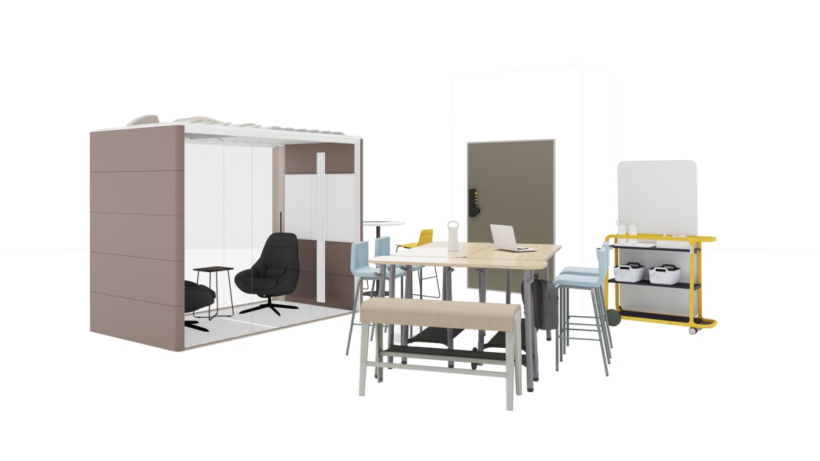 Steelcase Flex Collection, Steelcase B-Free, Coalesse Montara650 Seating, Coalesse Montara650 Table, Orangebox Air3, Polyvision Flow, Bolia Saga Armchair